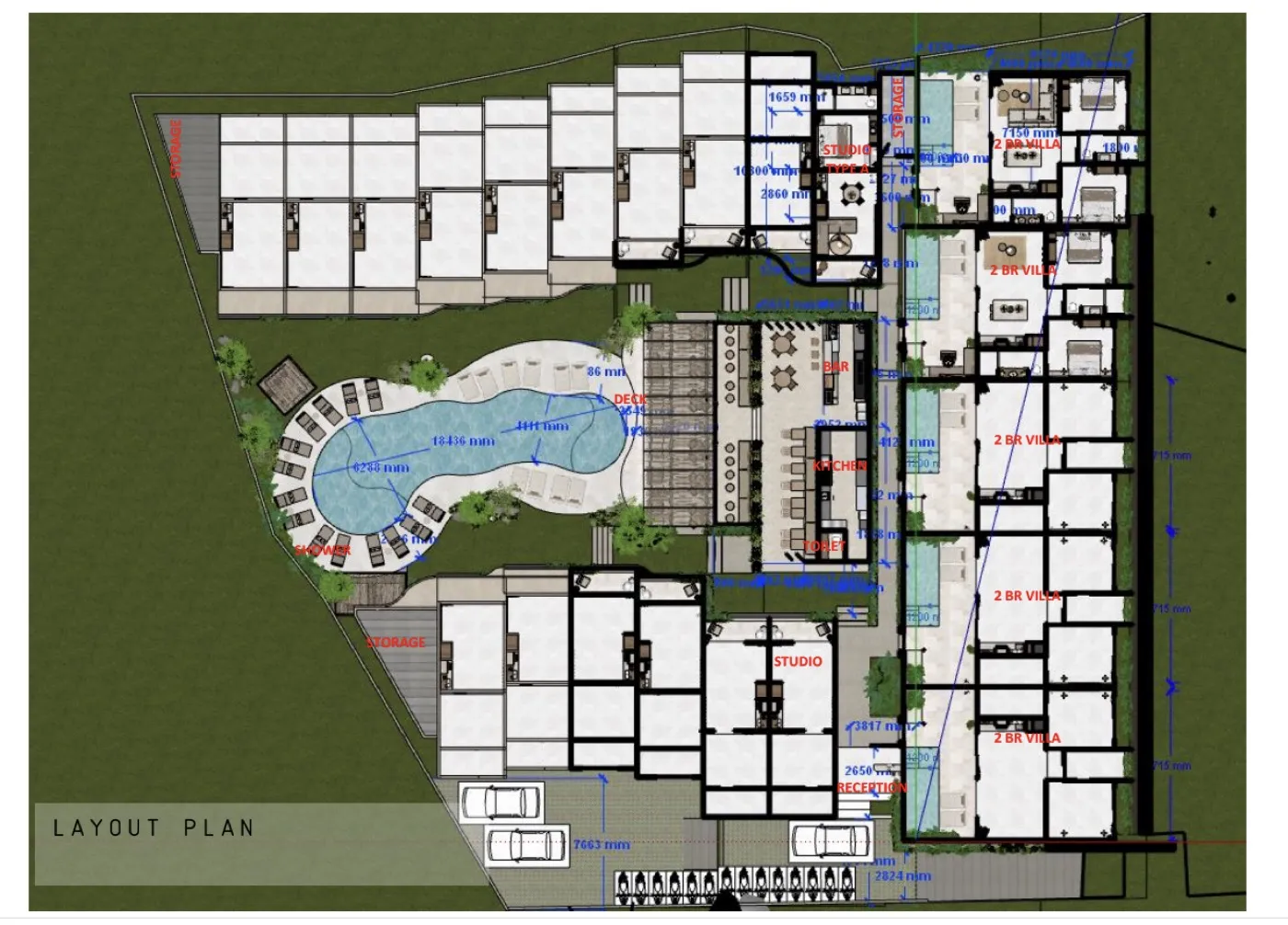 Horizen I compound layout plan — 21 villas, communal pool, restaurant, reception