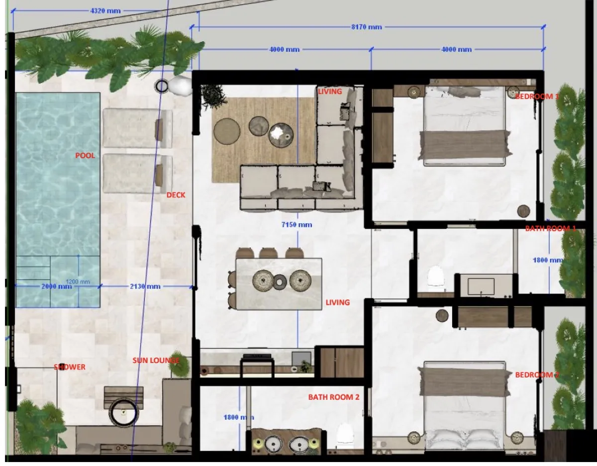 Double villa floor plan — 2 bedrooms, 2 bathrooms, living area, private pool, sun lounge