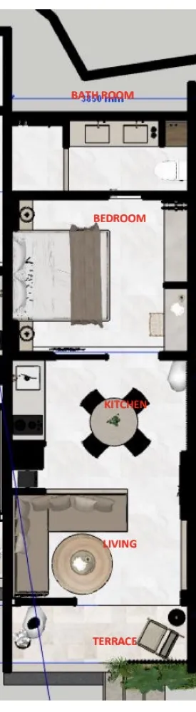Single villa floor plan — 1 bedroom, bathroom, kitchen, living area, terrace